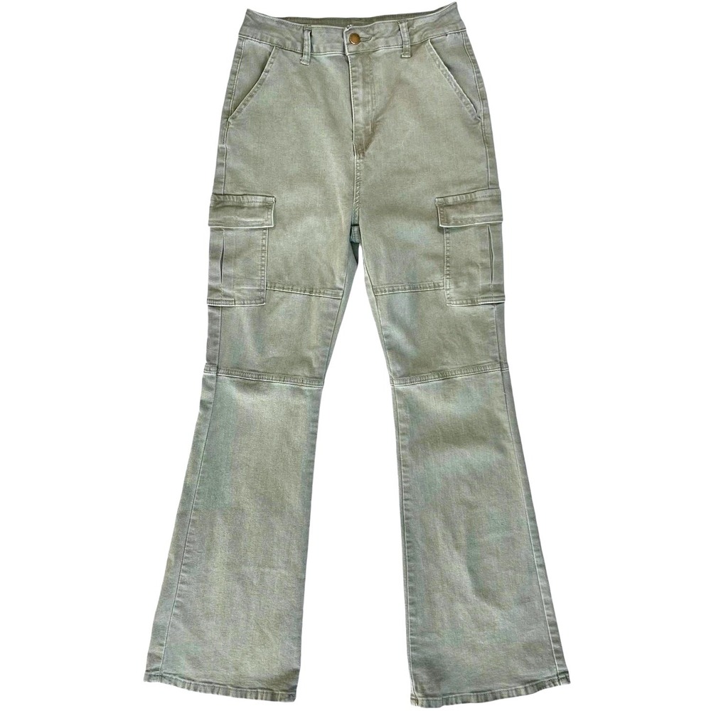 High Waist Women Cargo Pants 10 Stretch Olive Flare Granola Earthy Casual Skater